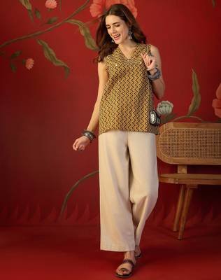 Mustard print cotton kurti 3
