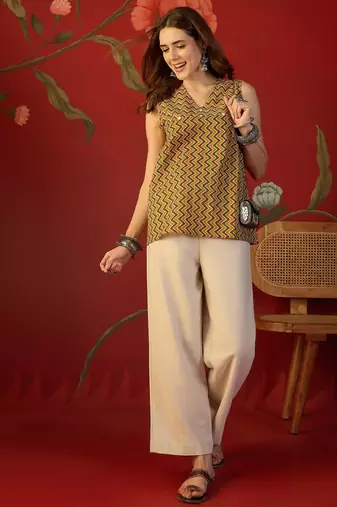 Mustard print cotton kurti