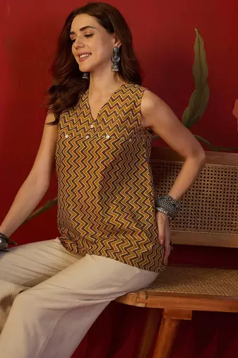 Mustard print cotton kurti