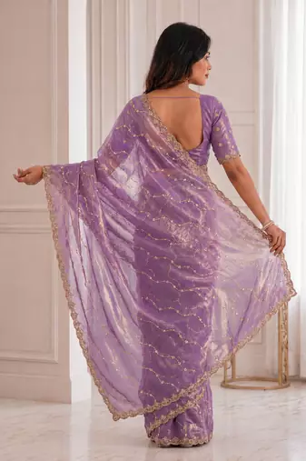bewitching purple embroidery work with real bits work fendy satin indian saree with blouse