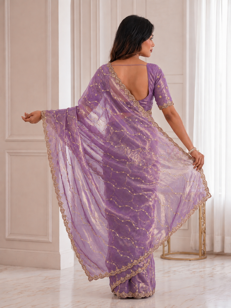 bewitching purple embroidery work with real bits work fendy satin indian saree with blouse