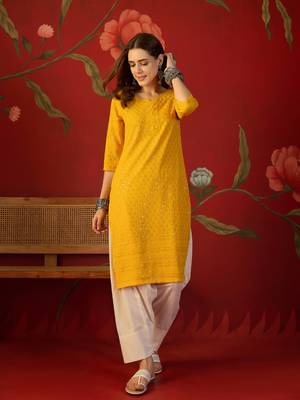 Mustard embroidered rayon kurti 1
