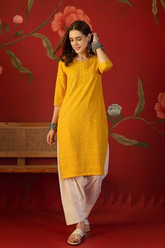 Mustard embroidered rayon kurti