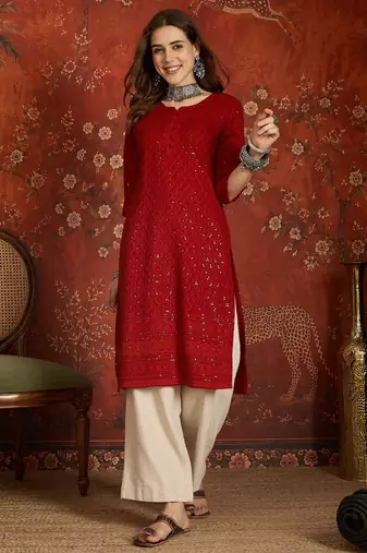 Maroon embroidered rayon kurti