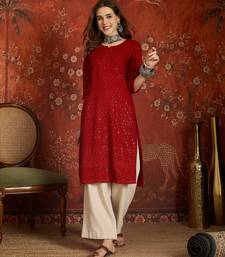 Maroon embroidered rayon kurti