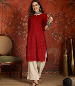 Maroon embroidered rayon kurti