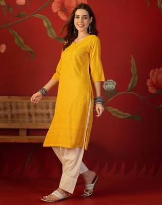 Mustard embroidered rayon kurti 2