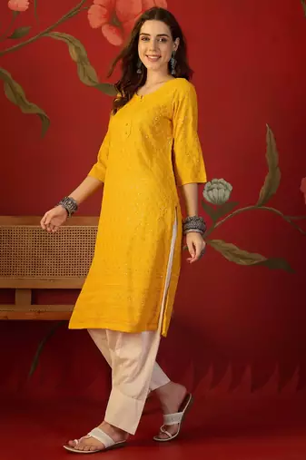 Mustard embroidered rayon kurti