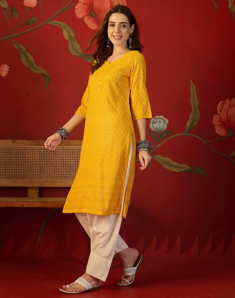 Mustard embroidered rayon kurti