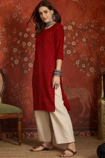 Maroon embroidered rayon kurti