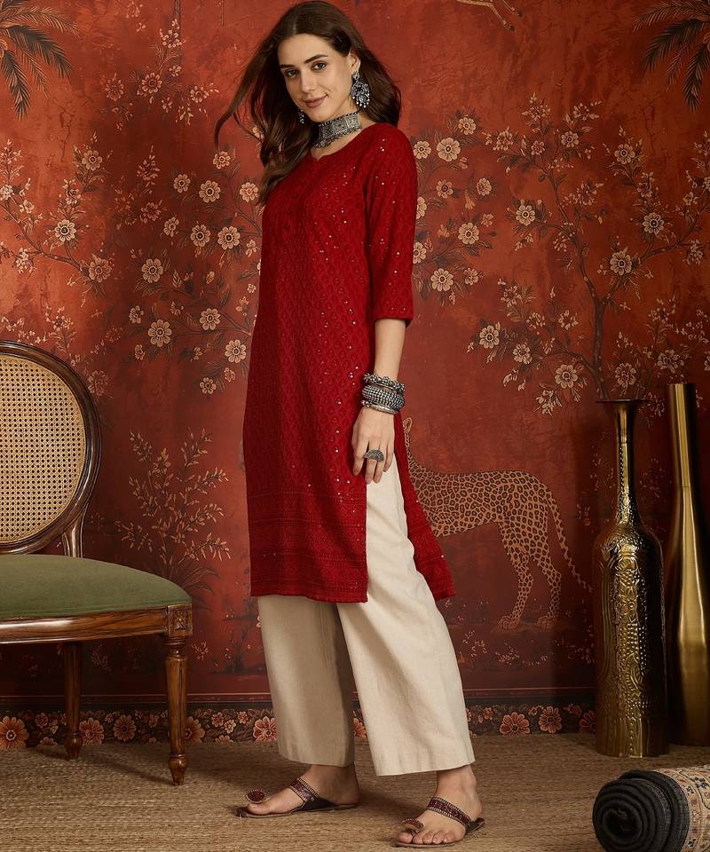 Maroon embroidered rayon kurti