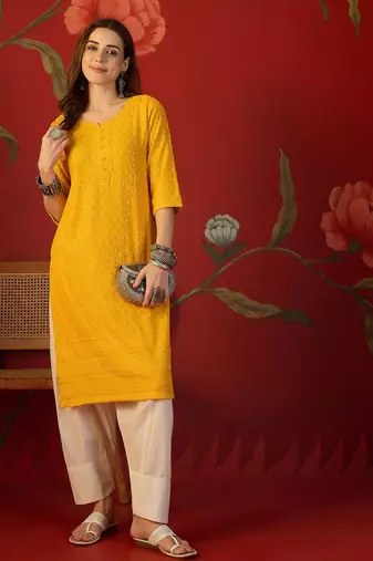 Mustard embroidered rayon kurti
