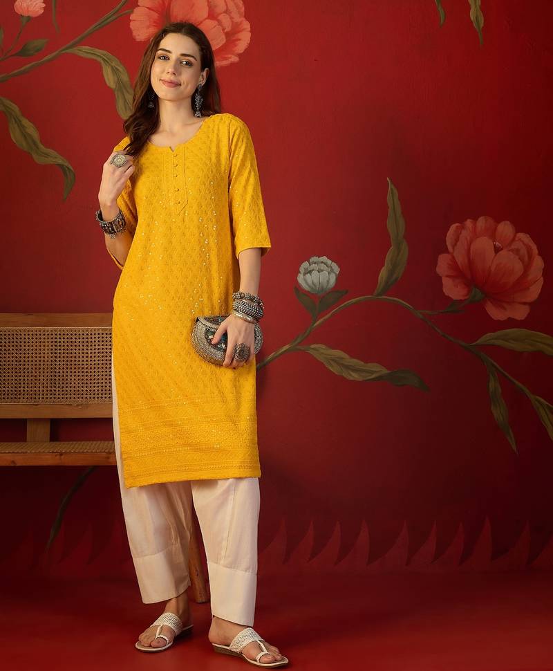 Mustard embroidered rayon kurti