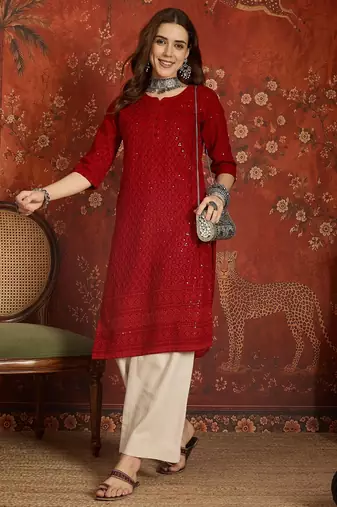 Maroon embroidered rayon kurti