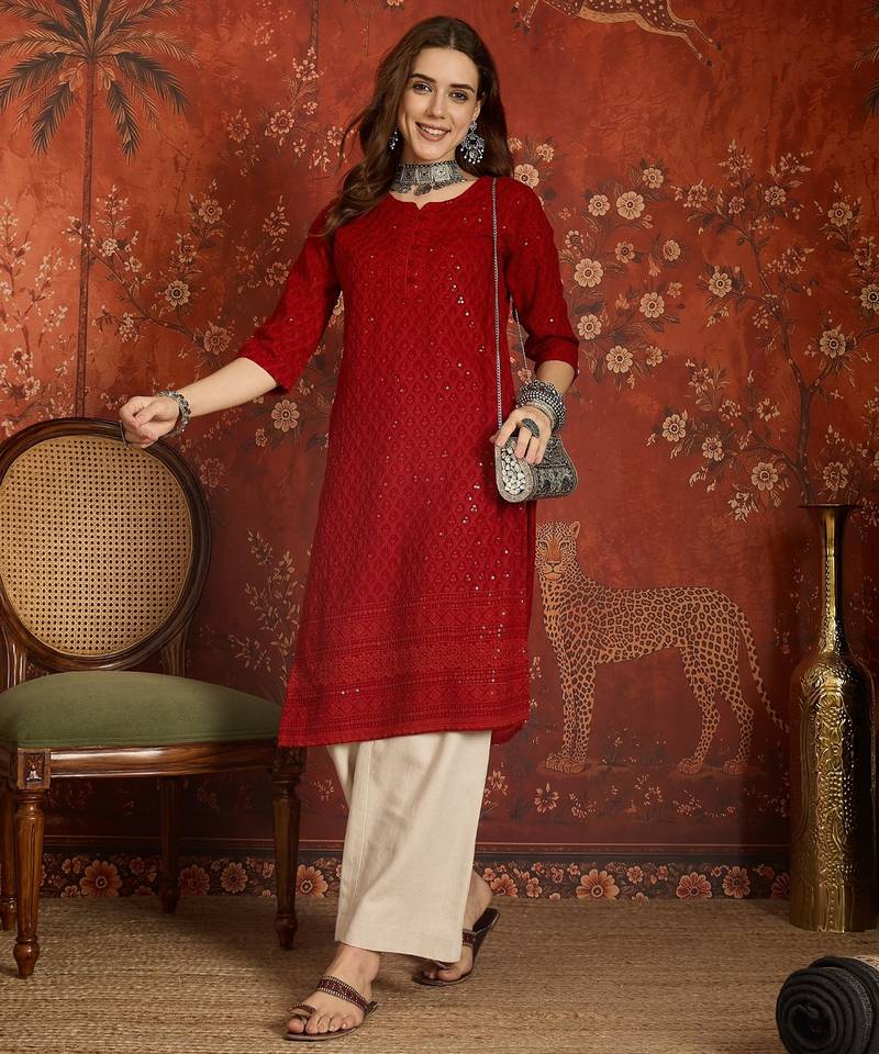Maroon embroidered rayon kurti