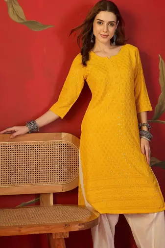 Mustard embroidered rayon kurti