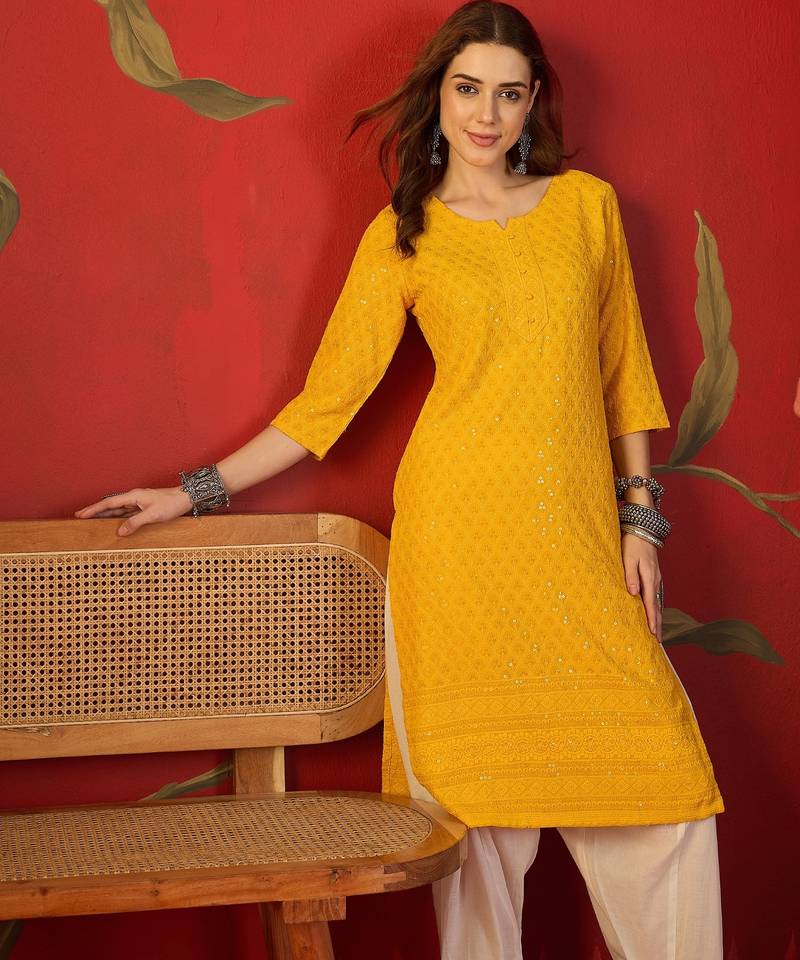 Mustard embroidered rayon kurti