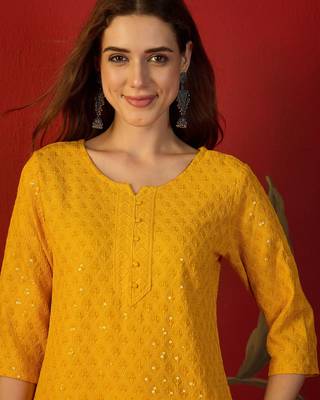 Mustard embroidered rayon kurti 5