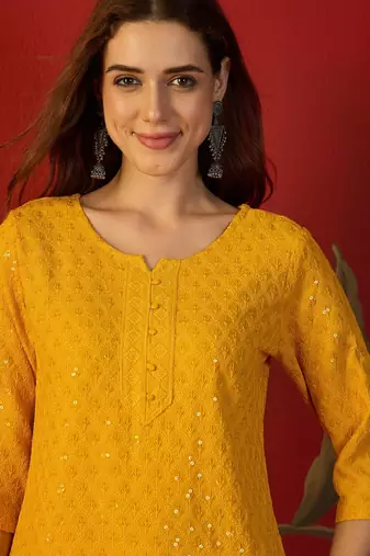 Mustard embroidered rayon kurti