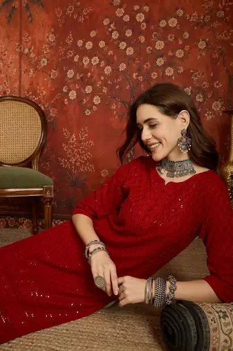 Maroon embroidered rayon kurti