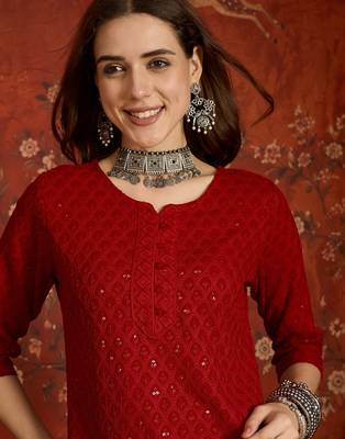 Maroon embroidered rayon kurti 5
