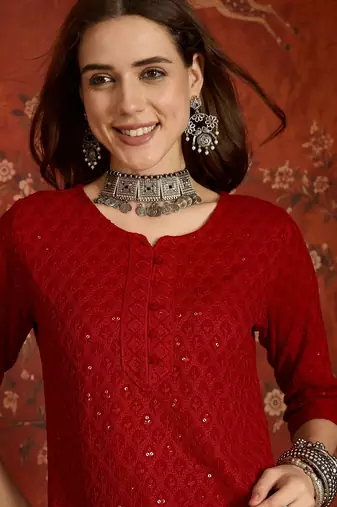 Maroon embroidered rayon kurti