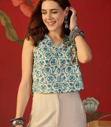 Blue & white floral print cotton kurti