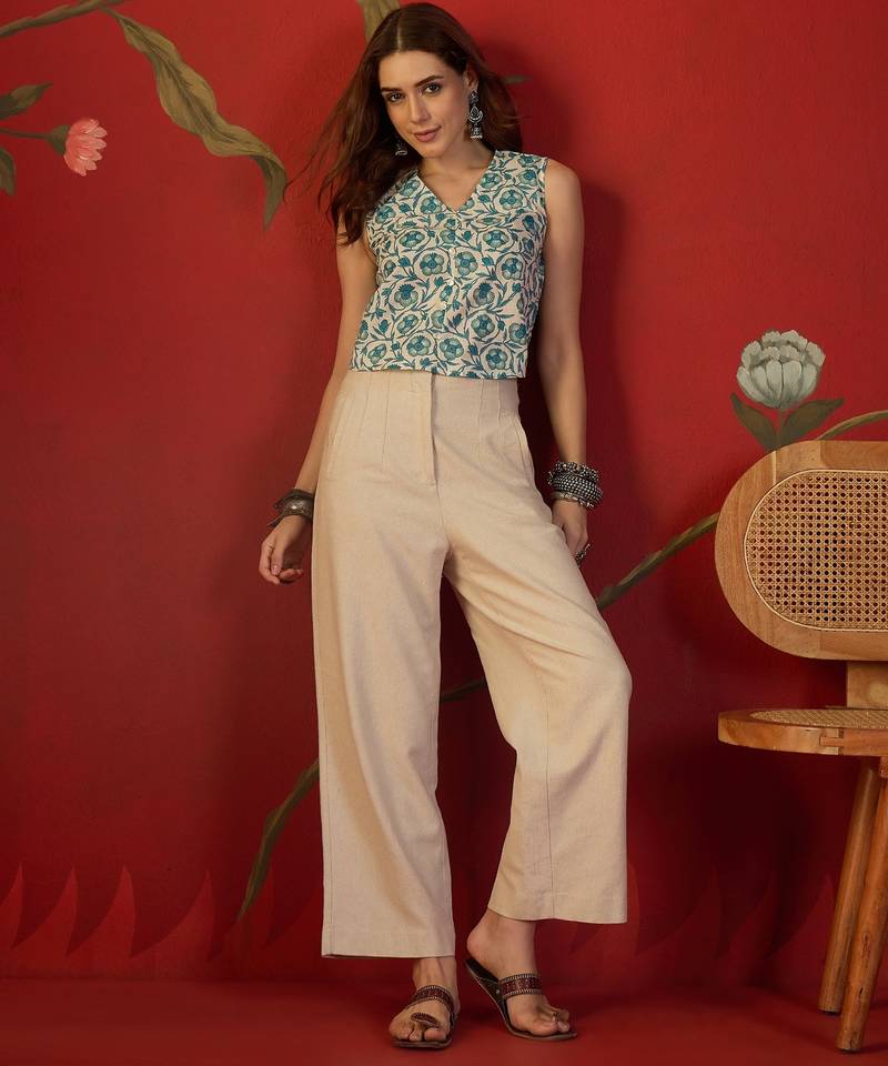 Blue & white floral print cotton kurti