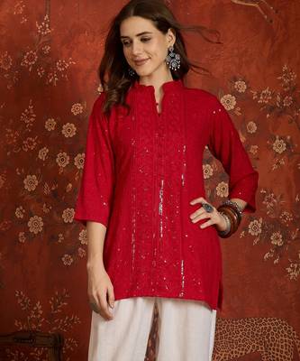 Fuchsia pink embroidered rayon kurti 1