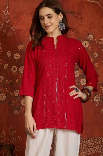 Fuchsia pink embroidered rayon kurti
