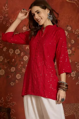 Fuchsia pink embroidered rayon kurti