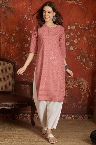 Pink embroidered rayon kurti