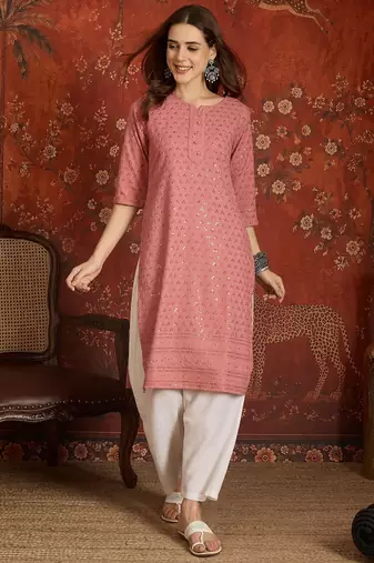 Pink embroidered rayon kurti