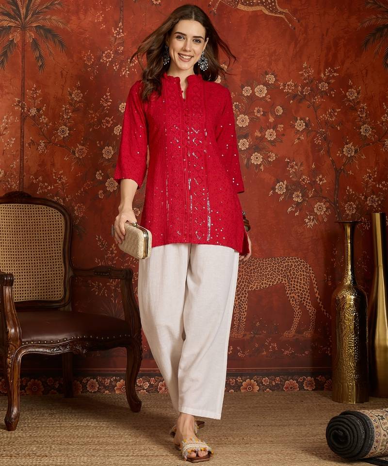 Fuchsia pink embroidered rayon kurti