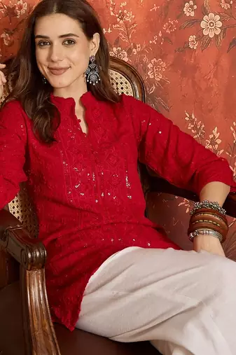 Fuchsia pink embroidered rayon kurti