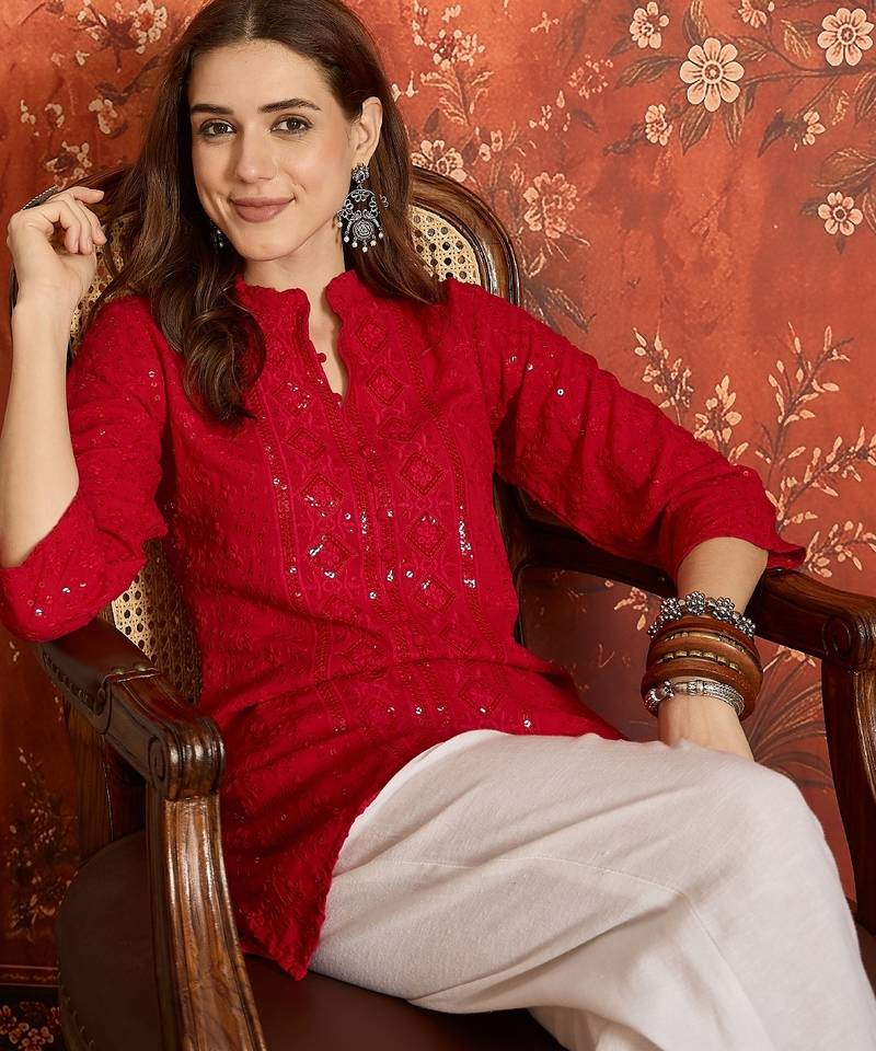 Fuchsia pink embroidered rayon kurti