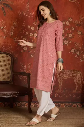 Pink embroidered rayon kurti
