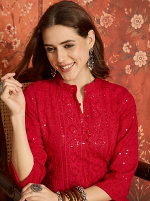 Fuchsia pink embroidered rayon kurti 5