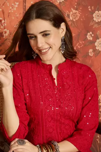 Fuchsia pink embroidered rayon kurti