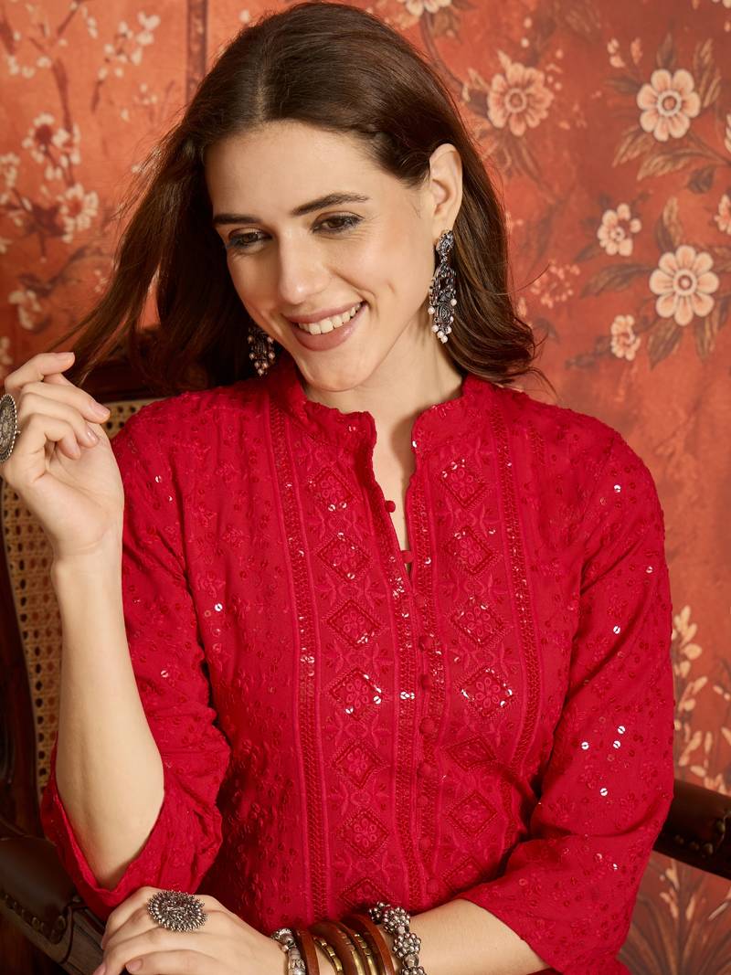 Fuchsia pink embroidered rayon kurti
