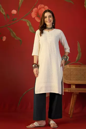 Off white embroidered rayon kurti