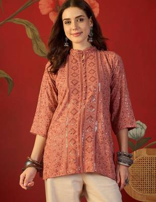 Peach embroidered rayon kurti 1