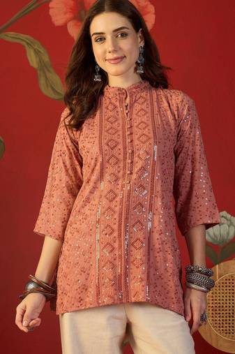 Peach embroidered rayon kurti