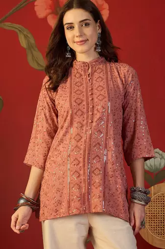 Peach embroidered rayon kurti