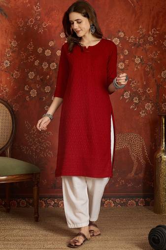 Maroon embroidered  rayon kurti