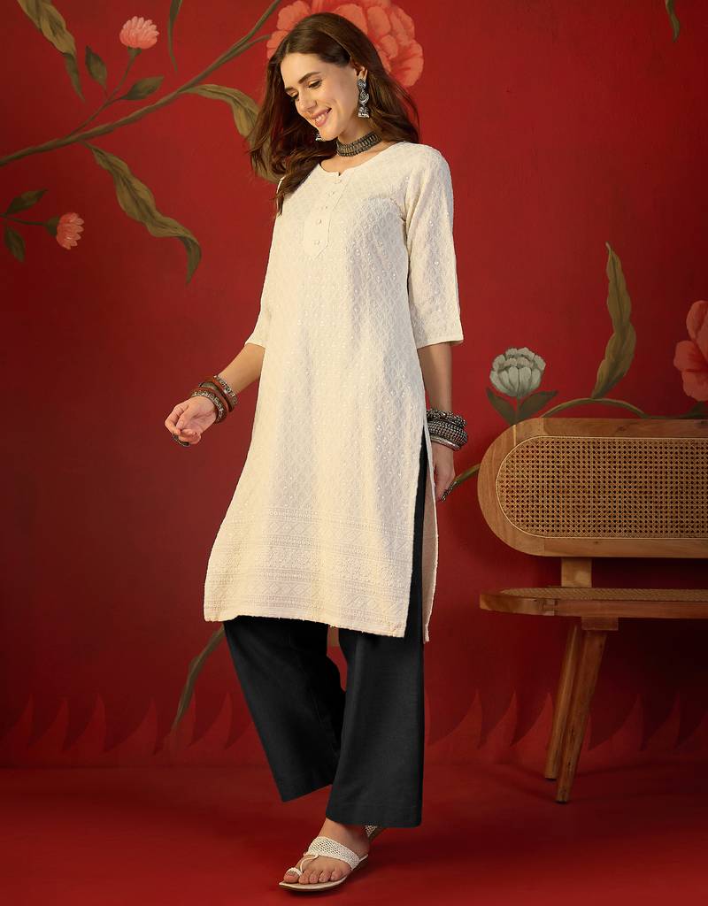 Off white embroidered rayon kurti