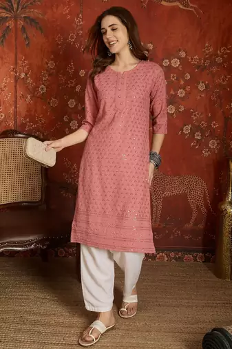 Pink embroidered rayon kurti