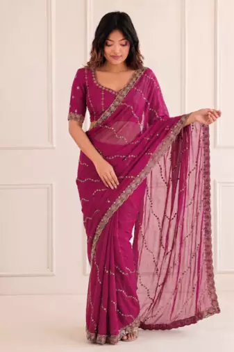 glamourous rani-pink embroidery work with real bits work fendy satin indian saree