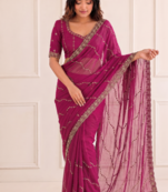 glamourous rani-pink embroidery work with real bits work fendy satin indian saree