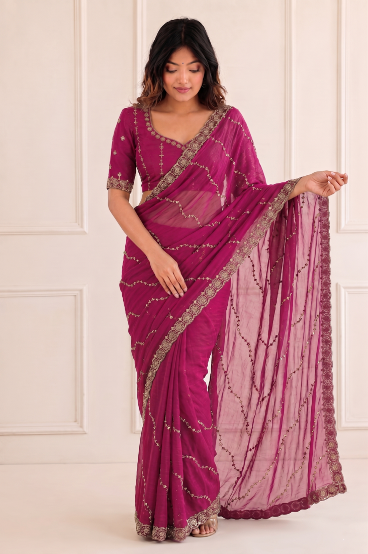 glamourous rani-pink embroidery work with real bits work fendy satin indian saree